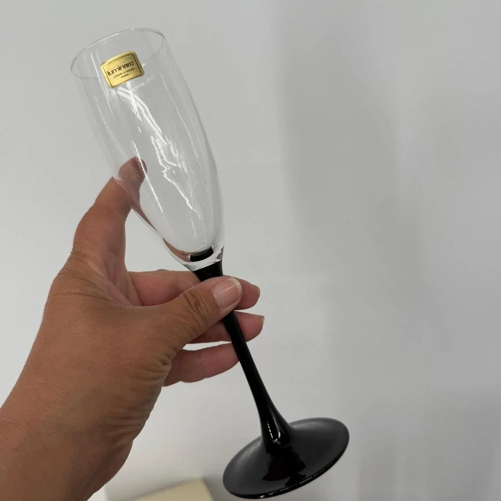 VTG Luminarc France Black Stem Champagne Flutes (4) Domino 1980s Original Box